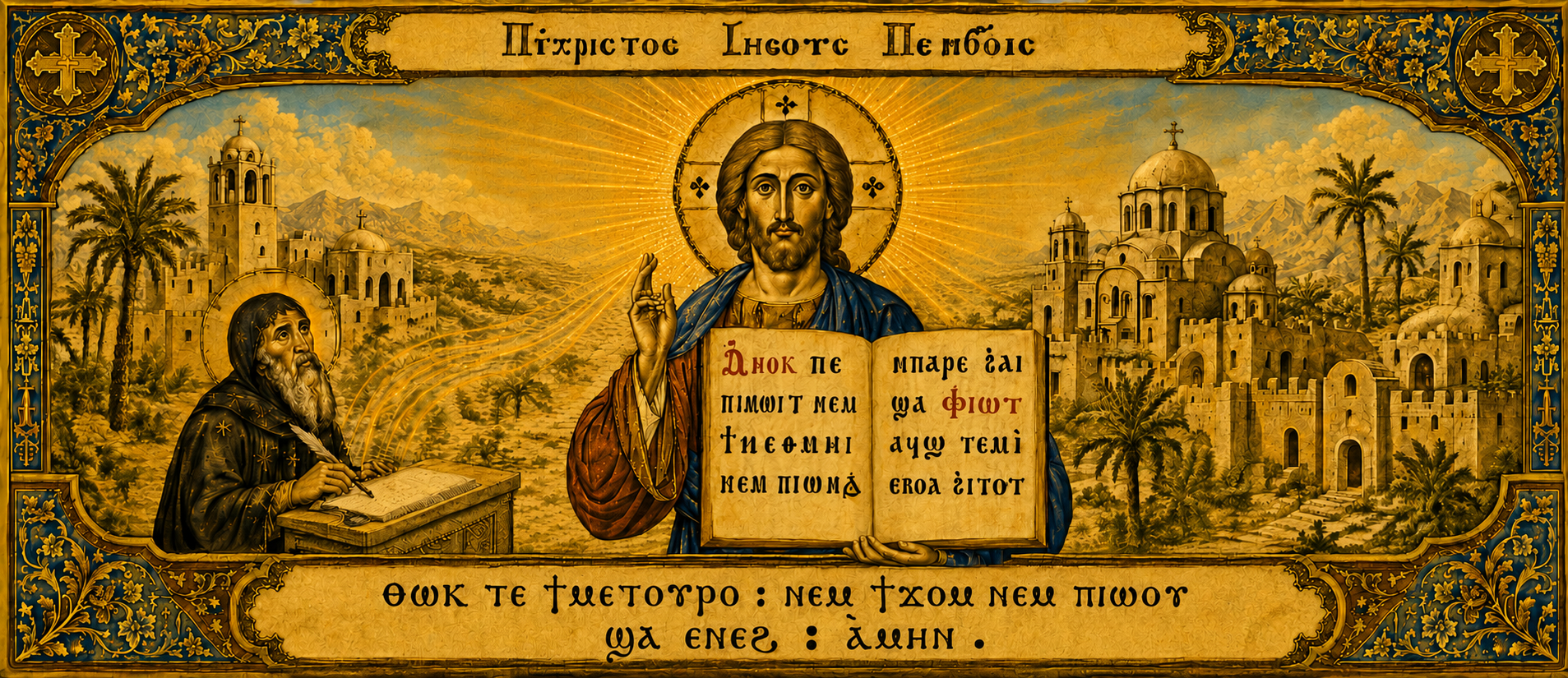 Icon of Christ presenting the Gospel, with a monk of the Egyptian desert